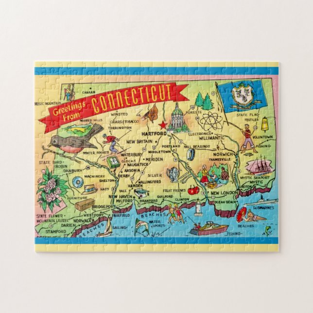 Connecticut vykortskarta 11x14 pussel (Horisontell)