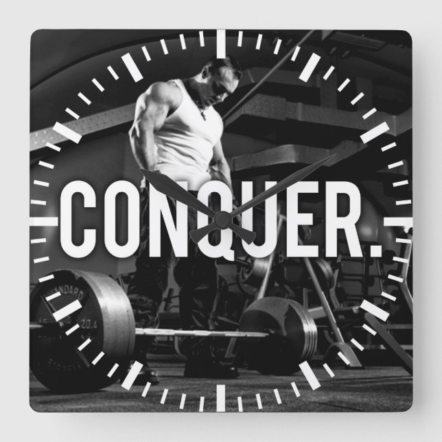 CONQUER - "Body byggnad" Workout Motivational Fyrkantig Klocka (Framsida)
