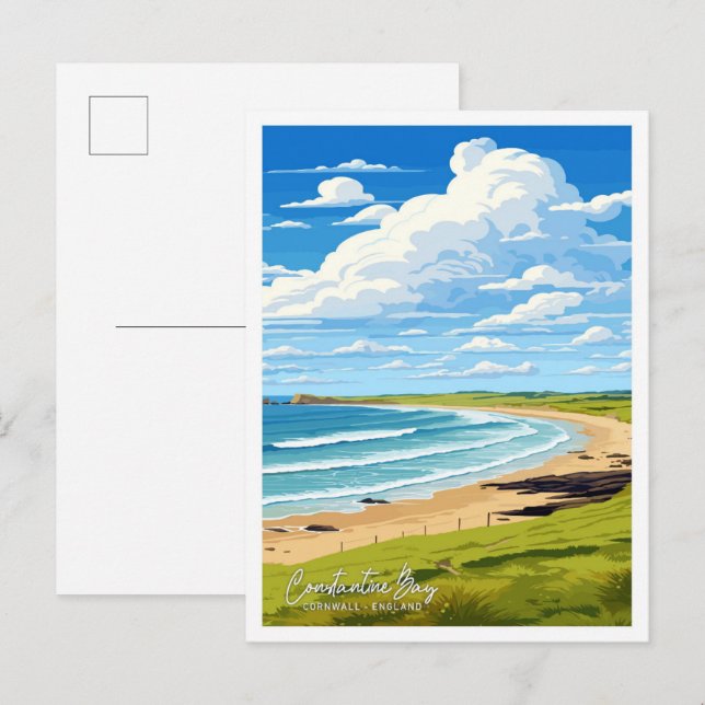 Constantine Bay Cornwall Art Travel illustration Vykort (Fram/baksida)