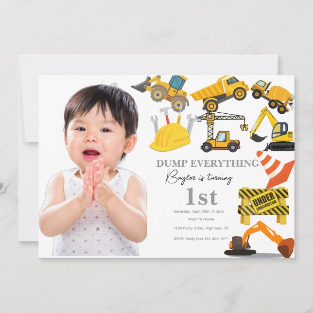 Construction 1st Birthday Invitation | Truck Inbjudningar (Framsida)