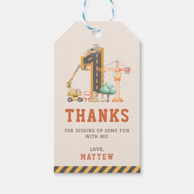 Construction 1st Birthday Party Thank You Presentetikett (Framsidan)