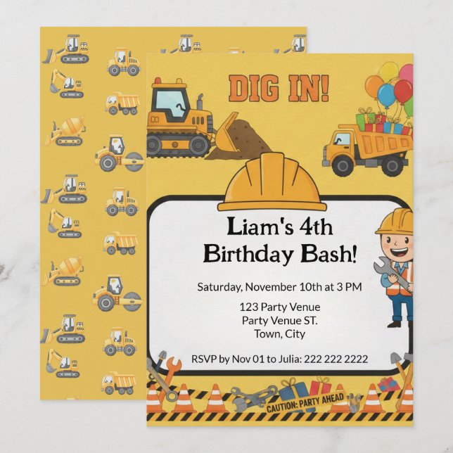 Construction 4th Birthday Invitation | Boy Truck  Inbjudningar (Fram/baksida)