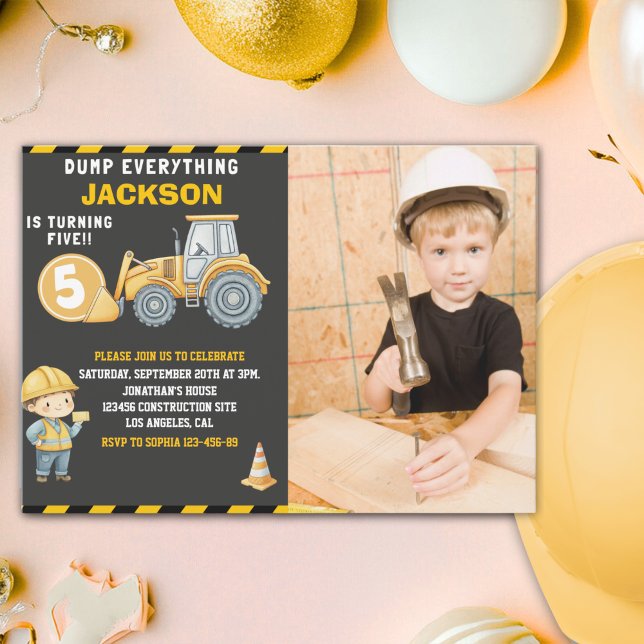 Construction Birthday 5 with Photo | Dump Truck  Inbjudningar (Skapare uppladdad)