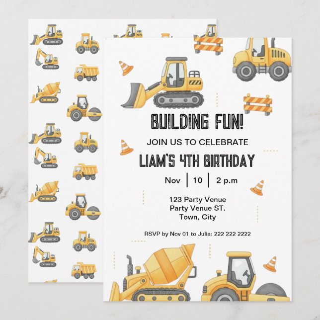 Construction Birthday – Boy's 1st Party Invitation Inbjudningar (Fram/baksida)
