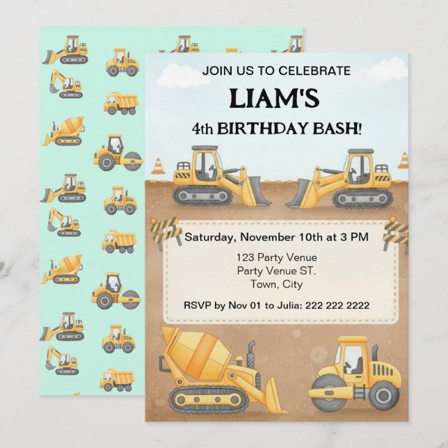 Construction Birthday Invitation |Boy Truck Party  Inbjudningar (Fram/baksida)