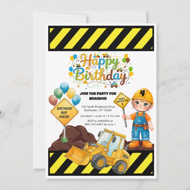 Construction Birthday Theme Party Invitation Inbjudningar (Framsida)