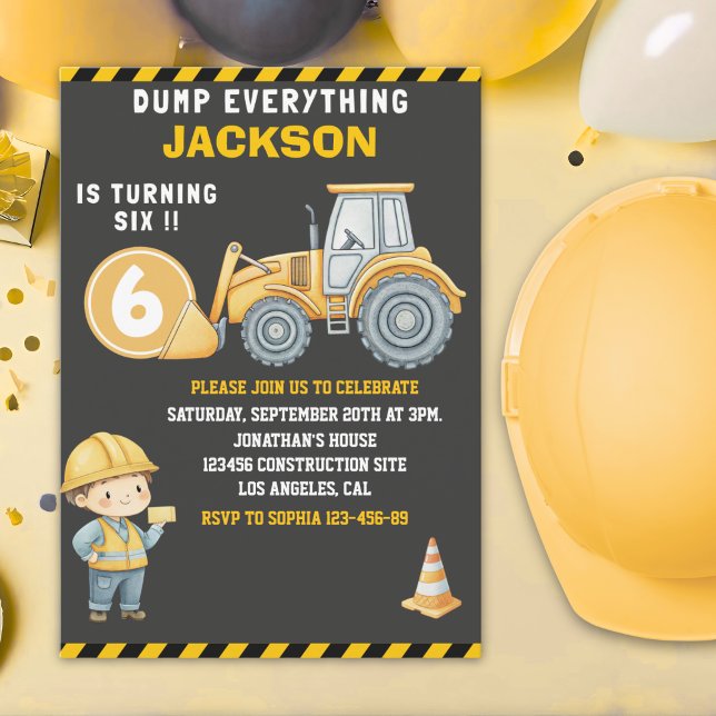 Construction Birthday Turning Six Boy Inbjudningar (Skapare uppladdad)