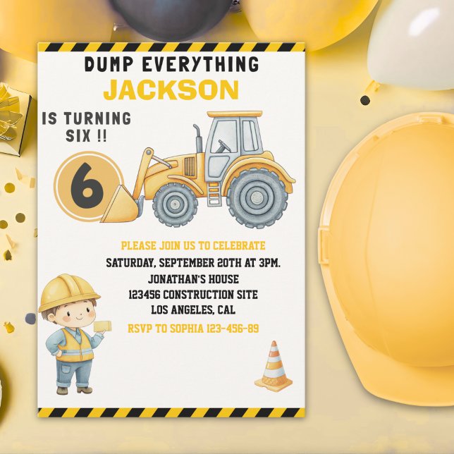 Construction Birthday Turning Six Boy Yellow Inbjudningar (Skapare uppladdad)