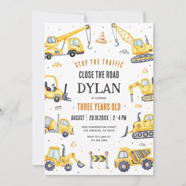 Construction Boy Birthday Invitation Inbjudningar (Framsida)