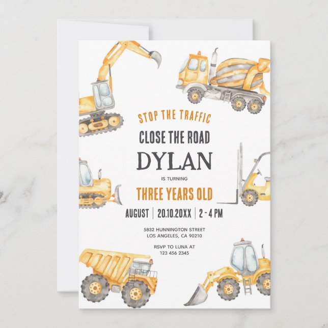 Construction Boy Birthday Invitation Inbjudningar (Framsida)
