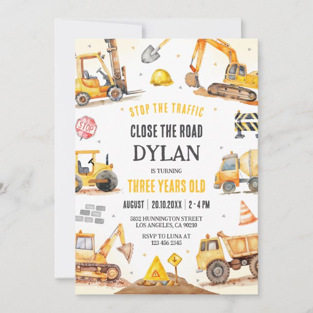 Construction Boy Birthday Invitation Inbjudningar (Framsida)