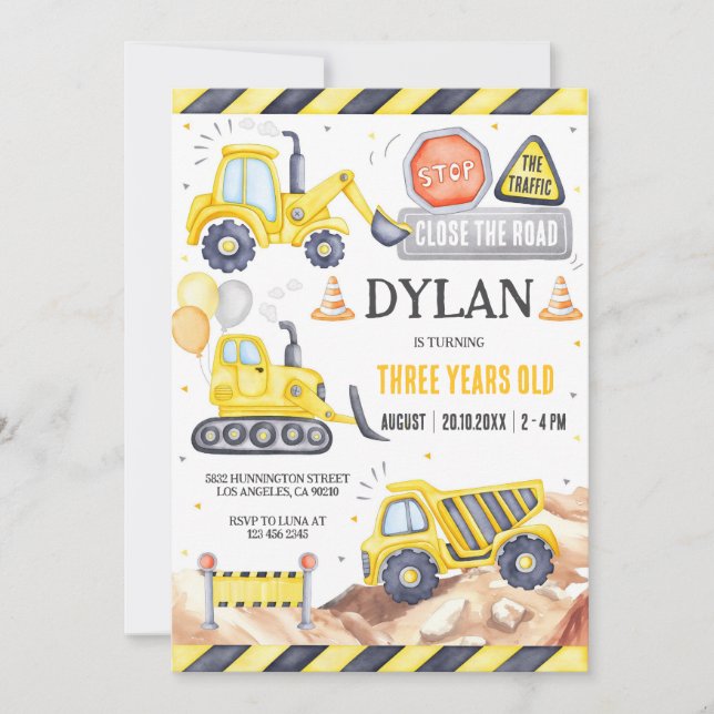 Construction Boy Birthday Invitation Inbjudningar (Framsida)