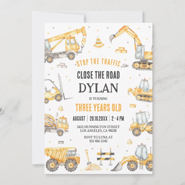 Construction Boy Birthday Invitation Inbjudningar (Framsida)