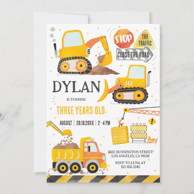 Construction Boy Birthday Invitation Inbjudningar (Framsida)