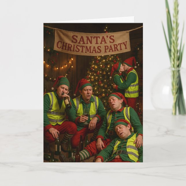 Construction Christmas card - drunk elves! Kort (Framsida)