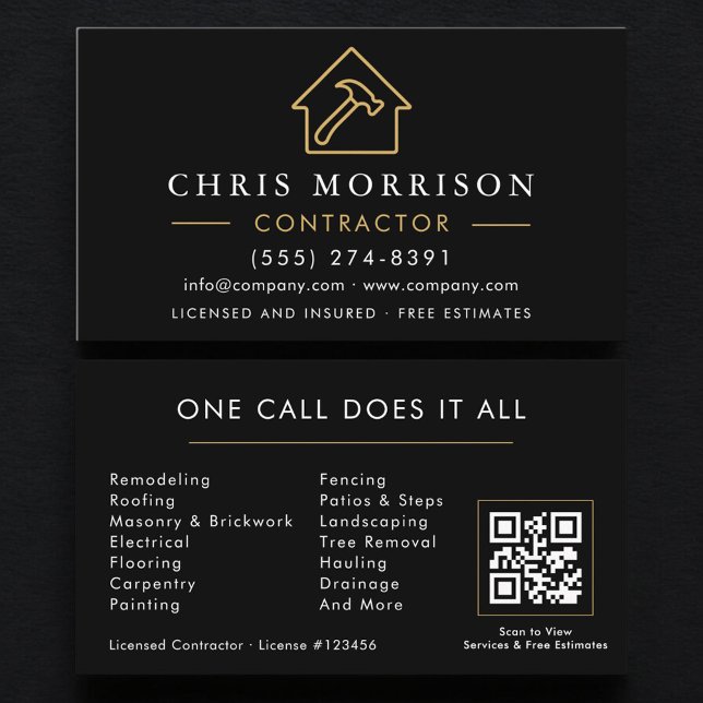 Construction Company Black Gold QR Code Visitkort (Skapare uppladdad)