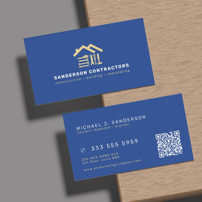 Construction company modern royal blue gold QR  Visitkort (Skapare uppladdad)