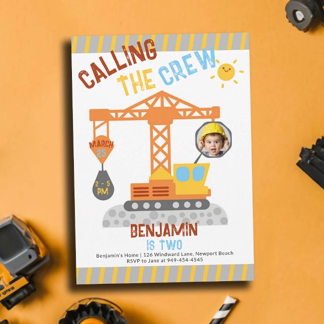 Construction Crane Crew Boy 2:a födelsedagsfoto Inbjudningar (photo construction birthday invitation 2 second boys crane vehicle crew theme personalized cute fun)
