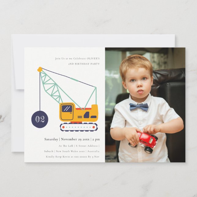 Construction Crane Fordon Photo Birthday Inbjudan (Framsida)