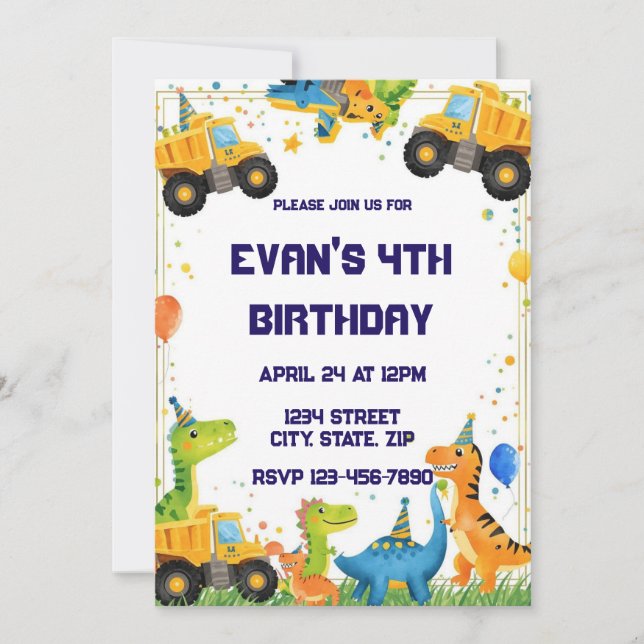 Construction Dinosaur Birthday Invitation Dump Inbjudningar (Framsida)
