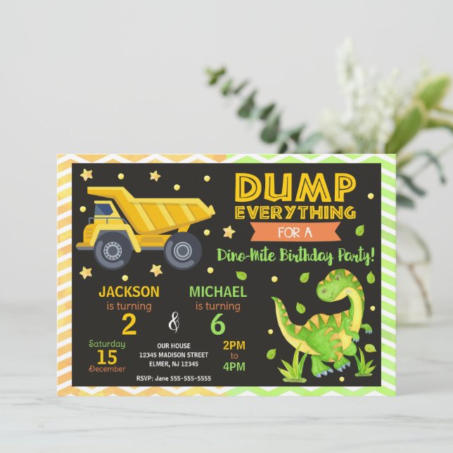 Construction & Dinosaur Joint Birthday Invitation Inbjudningar (Stående Fram)