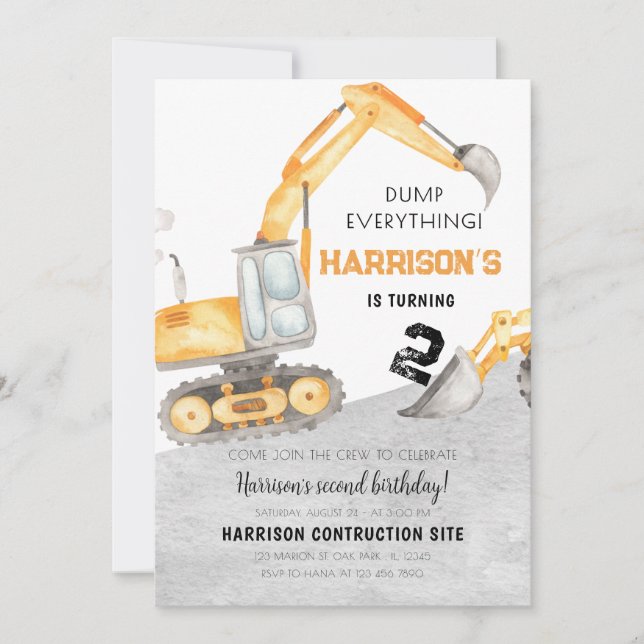 Construction Dump Truck Digger 2-års födelsedag  Inbjudningar (Framsida)