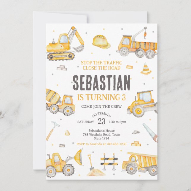 Construction Dump Truck Excavator Boy Birthday Inbjudningar (Framsida)