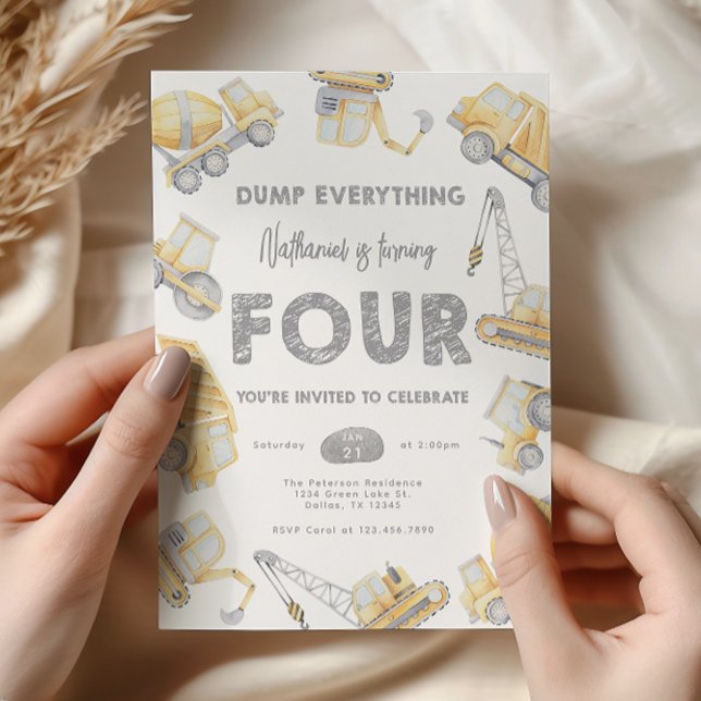 Construction Dump Truck FOUR 4th Birthday Party Inbjudningar (Skapare uppladdad)