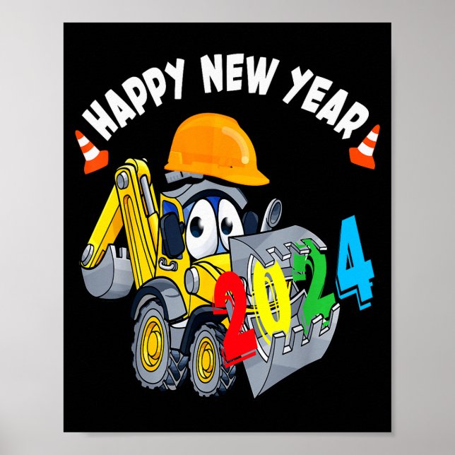 Construction Excavator Happy New Year 2024 For Boy Poster (Framsidan)