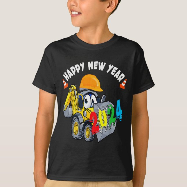Construction Excavator Happy New Year 2024 For Boy T Shirt (Framsida)