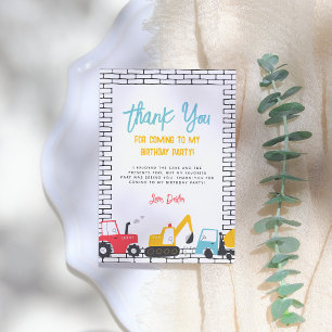 Construction Fordon Boy Födelsedagsfest Tack Kort