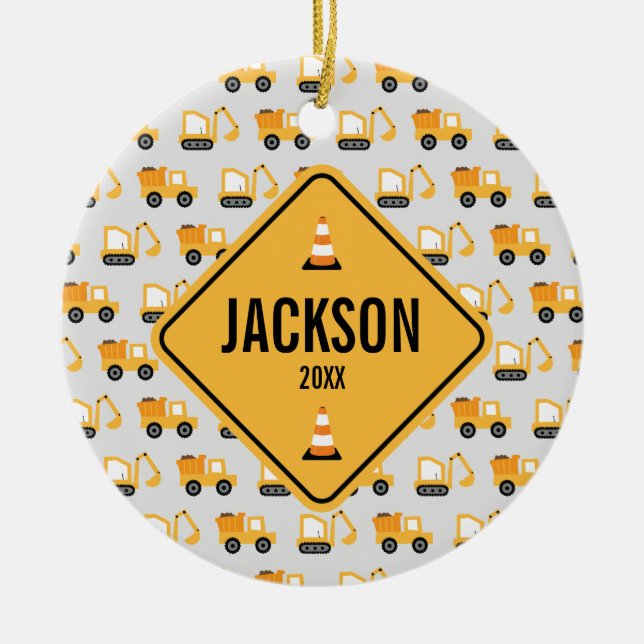 Construction Fordon Lastbil & Digger  Julgransprydnad Keramik (Framsidan)