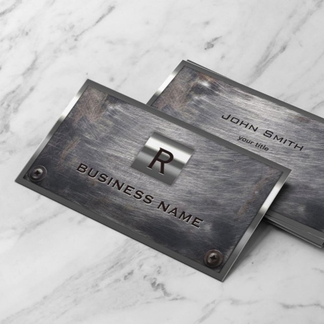 Construction Grunge Steel Monogram Metall Framed Visitkort (Skapare uppladdad)