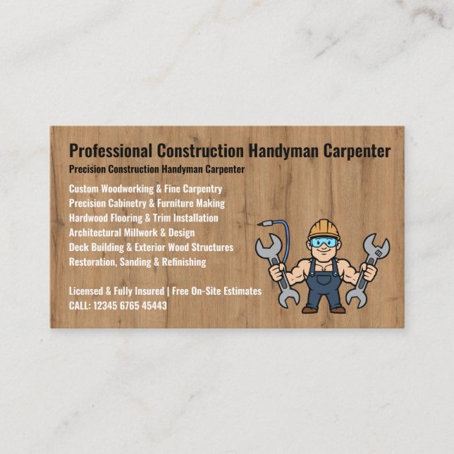 Construction Handyman Carpenter cartoon Visitkort (Framsida)