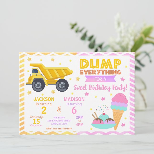 Construction & Ice Cream Joint Birthday Invitation Inbjudningar (Stående Fram)