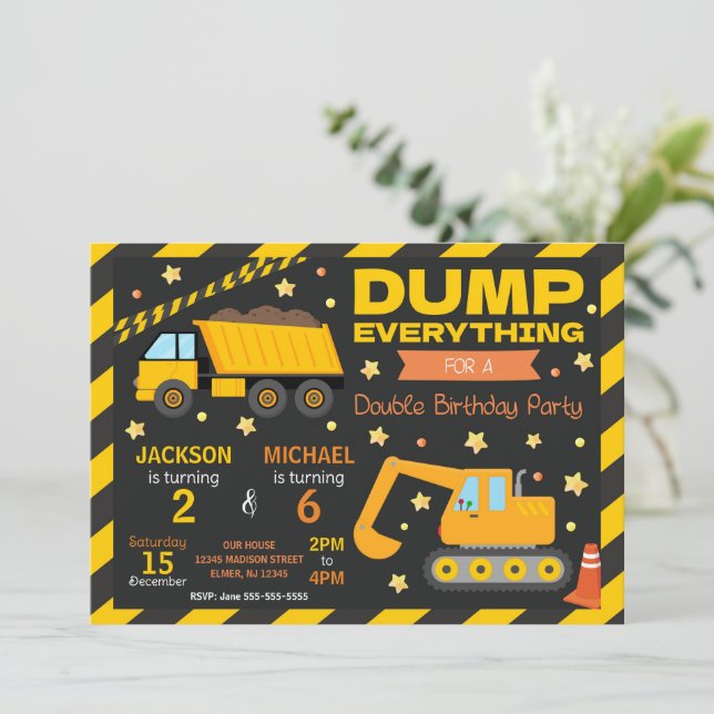 Construction Joint Birthday Invitation Siblings Inbjudningar (Stående Fram)