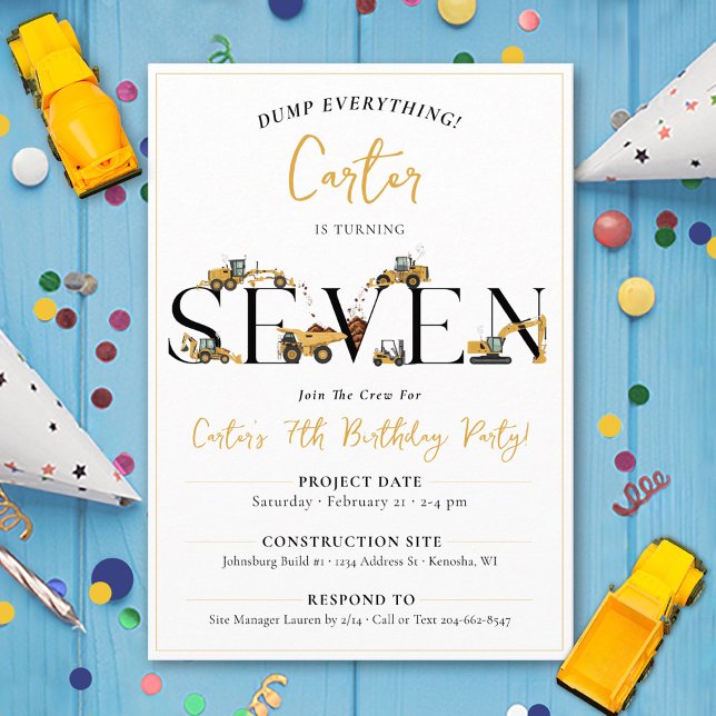 Construction Lastbil 7:e Boy Födelsedagsfest Inbjudningar (Cute construction trucks theme funny SEVEN boys 7th birthday party invitation dump everything digger)