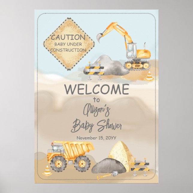 Construction Lastbil Boy Baby Shower-tecken Poster (Framsidan)