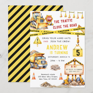 Construction Lastbil Bulldozer Birthday Inbjudningar