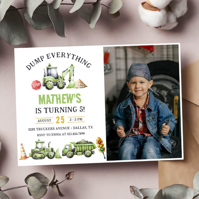 Construction Lastbil Digger 5:e födelsedagsfoto Inbjudningar (Skapare uppladdad)