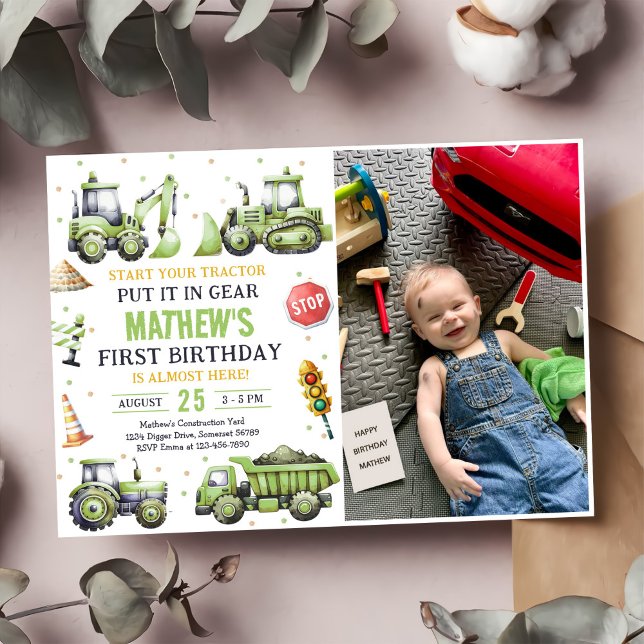 Construction Lastbil Digger First Birthday Photo Inbjudningar (Skapare uppladdad)