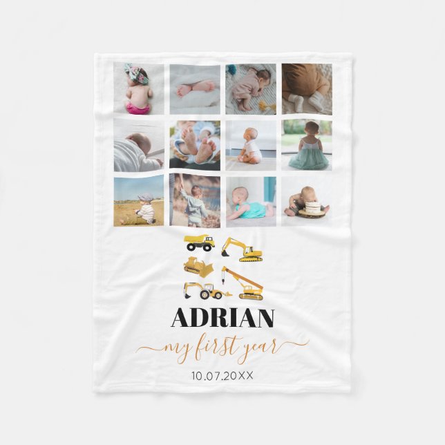 Construction Lastbilar Baby, första årets fotokoll Fleecefilt (Framsidan)