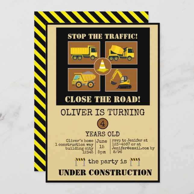 Construction Lastbilar | Boys Thned Födelsedagsfes Inbjudningar (Fram/baksida)