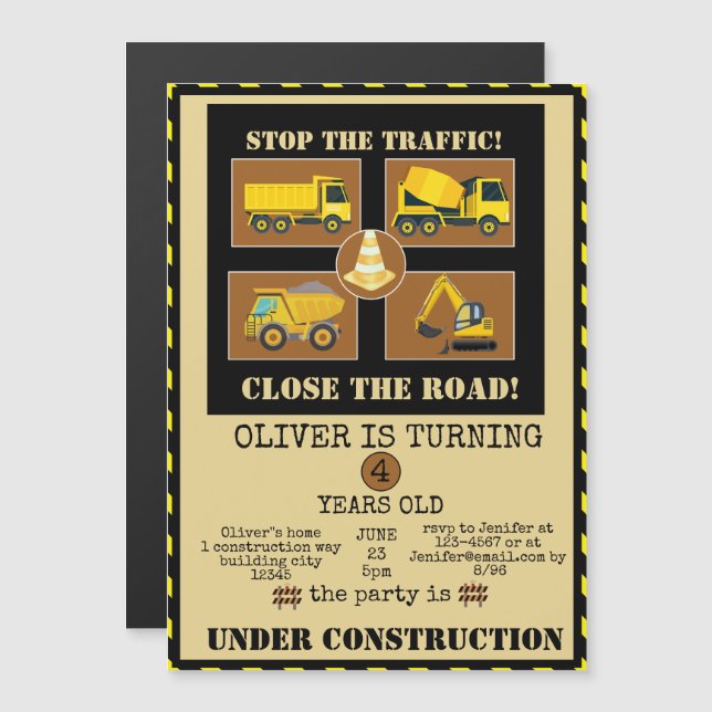 Construction Lastbilar | Boys Thned Födelsedagsfes Magnetisk Inbjudningskort (Fram/baksida)