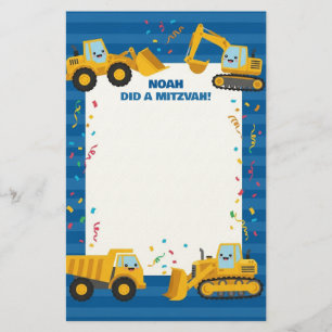 Construction Lastbilar Customized Namn Mitzvah Not Brevpapper