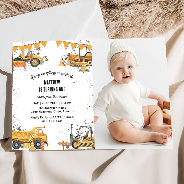 Construction Lastbilar Theme Joint Birthday Photo Inbjudningar (Skapare uppladdad)