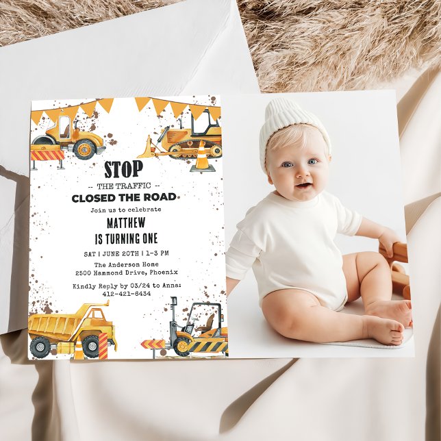 Construction Lastbilar Theme Joint Birthday Photo Inbjudningar (Skapare uppladdad)