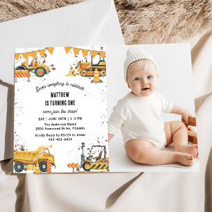 Construction Lastbilar Theme Joint Birthday Photo Inbjudningar