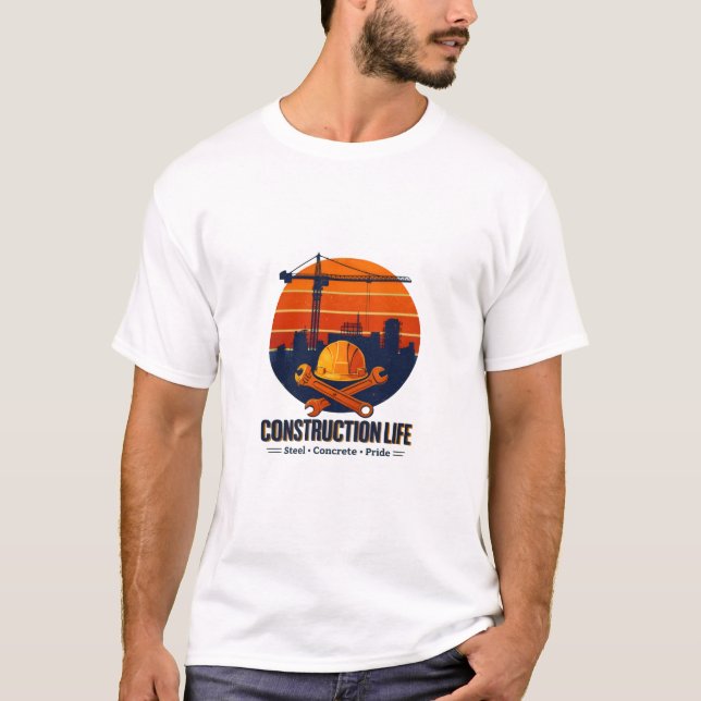 Construction Life Steel Concrete Retro Sunset T Shirt (Framsida)