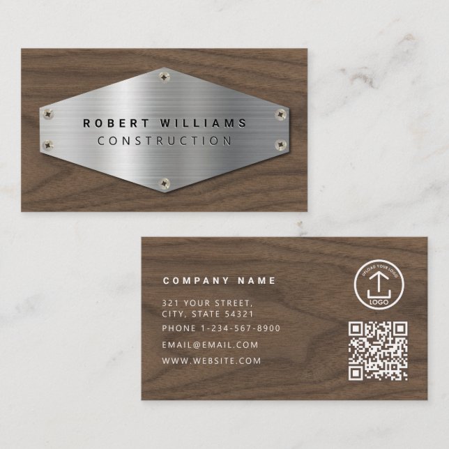 Construction Metal QR Code Metallic Silver Wood Visitkort (Fram/baksida)